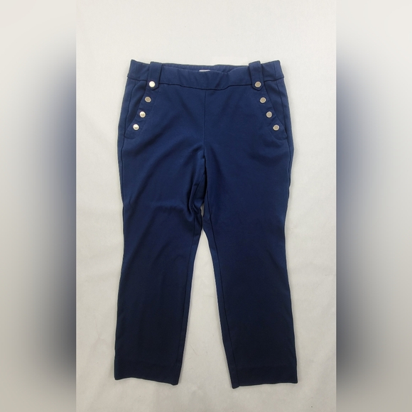 White House Black Market Blue Straight  Pull On Pants Women's Snap Pockets SZ 14 - Picture 1 of 9